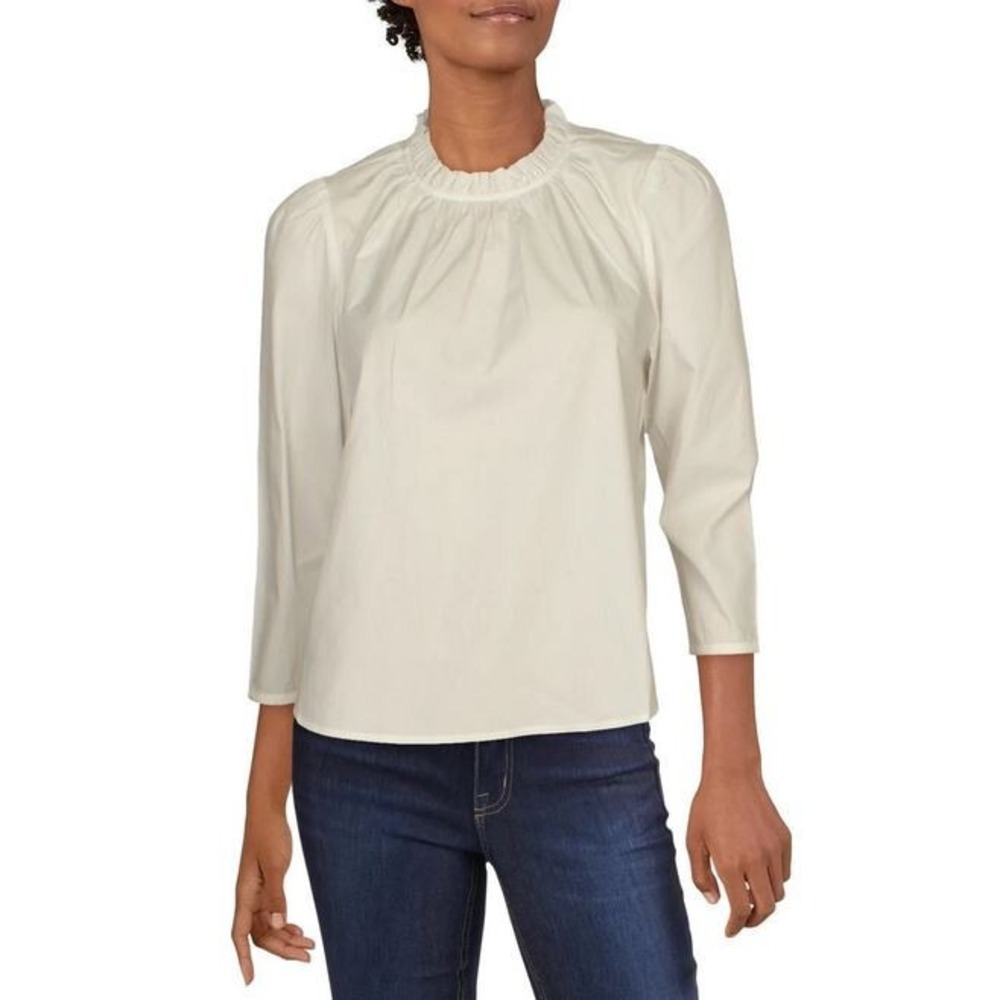 Joe's Women Brilliant White Cotton Ruffle Neck Blouse 45JWSM2040-BLW M